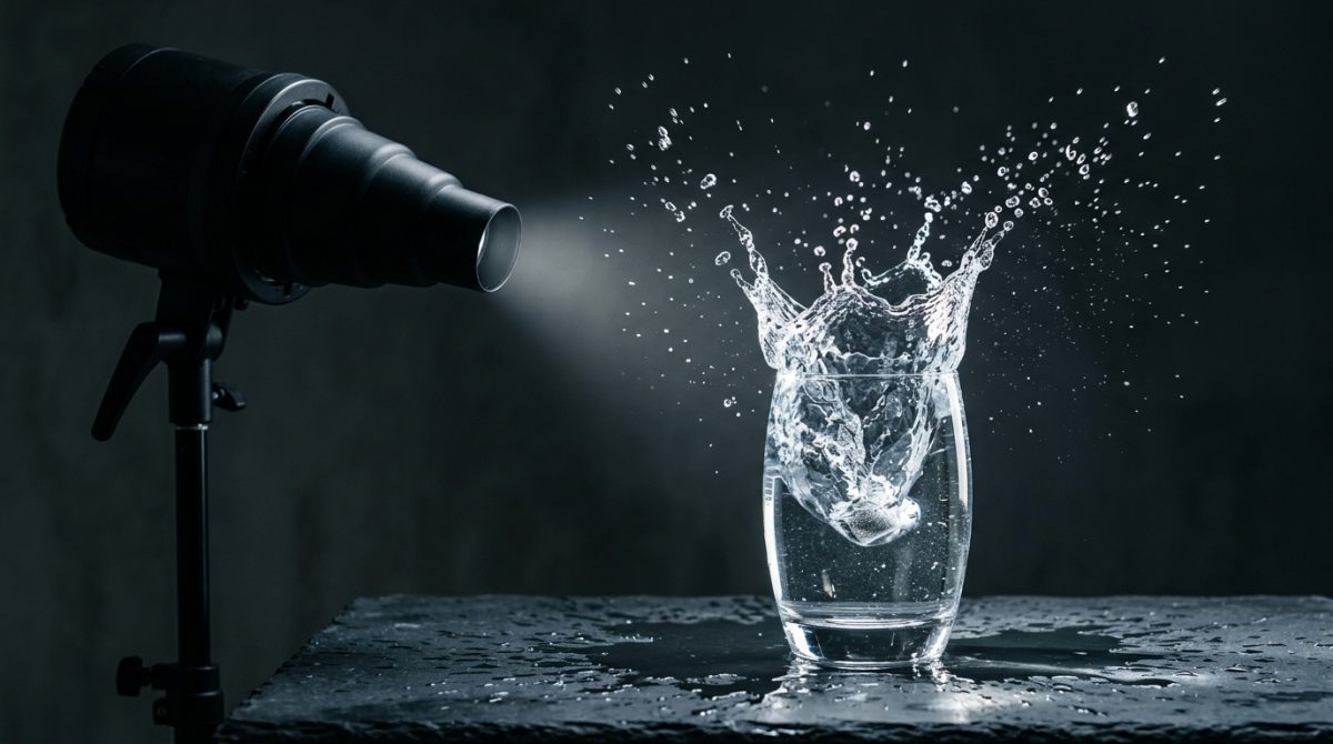 Студийная вспышка освещает брызги воды, застывшие в воздухе на темном фоне.